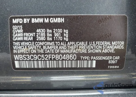 2015 BMW M3 из США, поврежденный, VIN WBS3C9C52FP804860